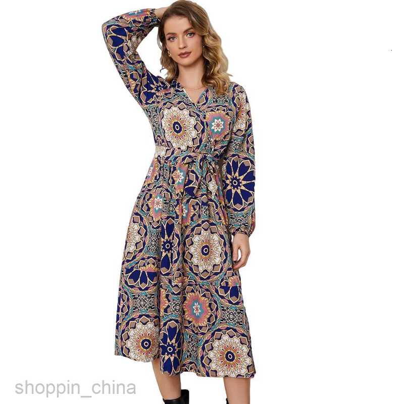 Basic Casual Women Dresses New Abstract Holiday Print Tie Waist Long sleeved Dress JR2500