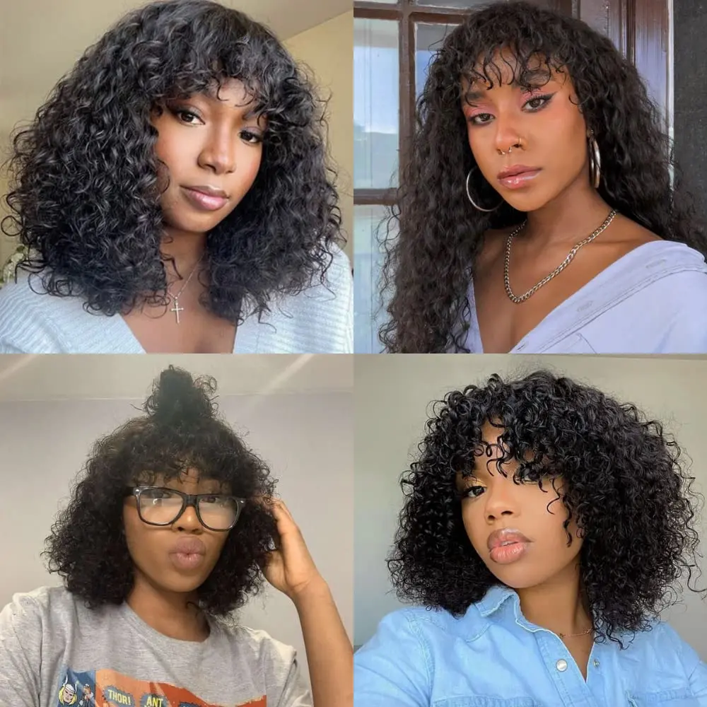 180 Density Brazilian Short Kinky Curly Wigs with Bangs for Black Women Simulation Human Hair Wig Glueless Jerry Curly Synthetic Lace Front Wig