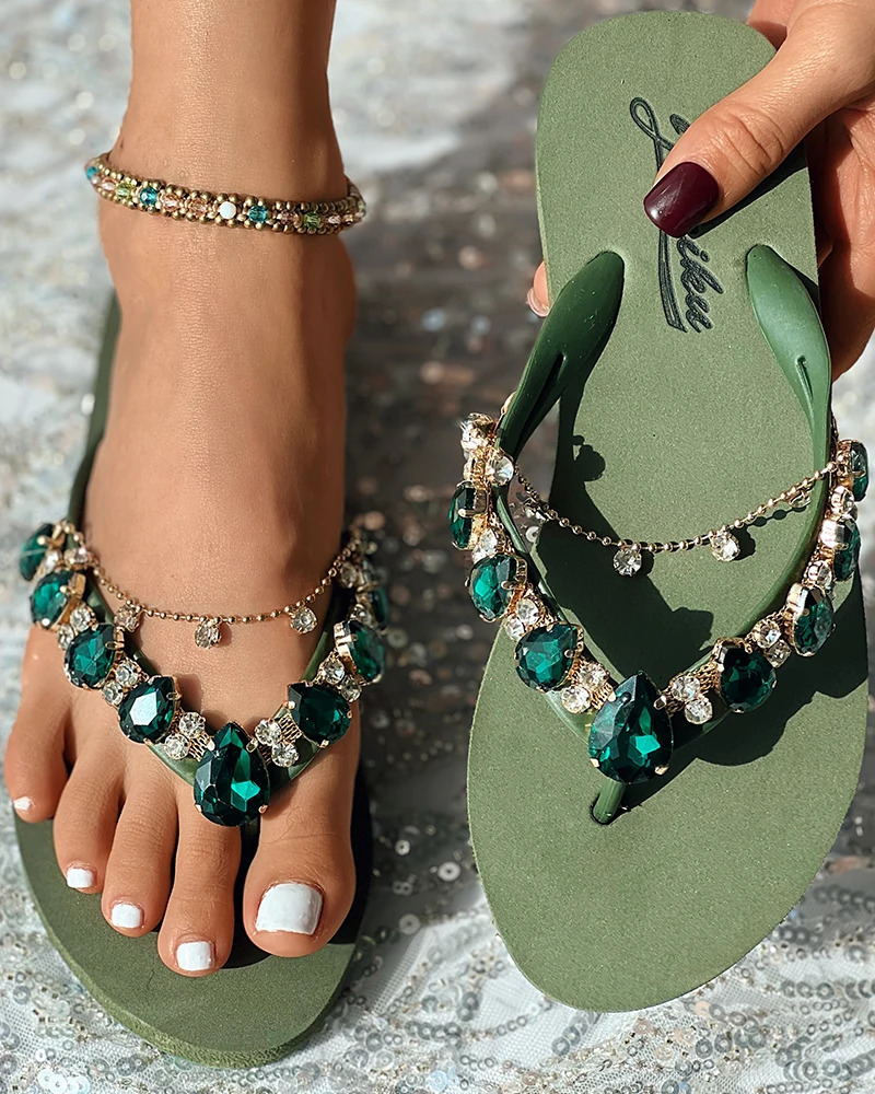 Summer Shoes Fashion Casual Skating Beach Clothing Elegant Gemstone Chain Decoration Flip Sandals Womens Ete 240615