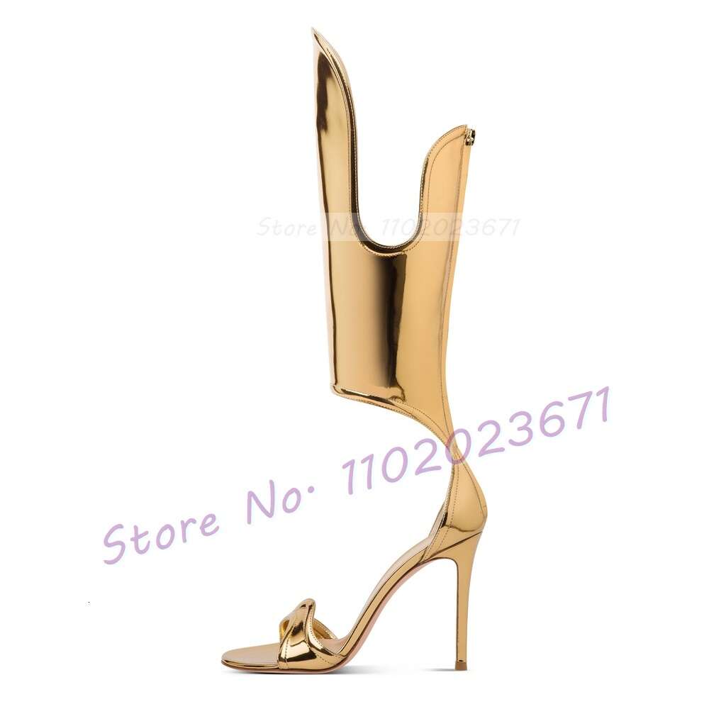 Gold Curved Straps Open Toe Women Mirrored-Leather High Heels Stylish Shoes Ladies Elegant Back Zipper Party Sandals