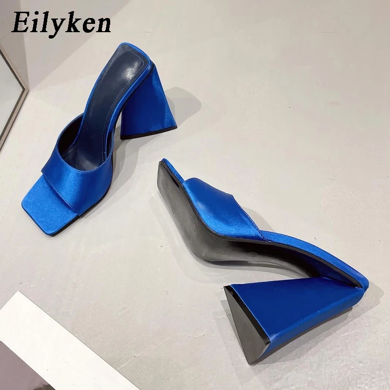 Eilyken 2024 Arrival Silk Triangle Square Heels Heel Woman Slippers Sexy Street Party Square Toe Dress Slides Summer Shoes 240615