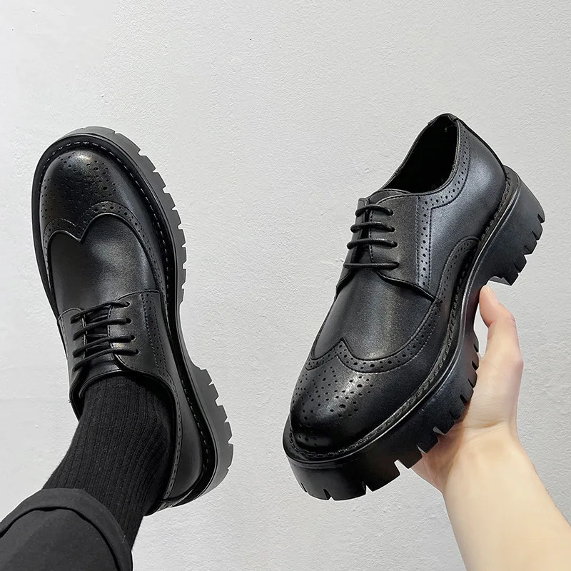 British Style Brogue Shoes for Men Business Casual Fashion Commute Thick Sole Leather Shoes Male Platform Wedding Dress Shoes 240614
