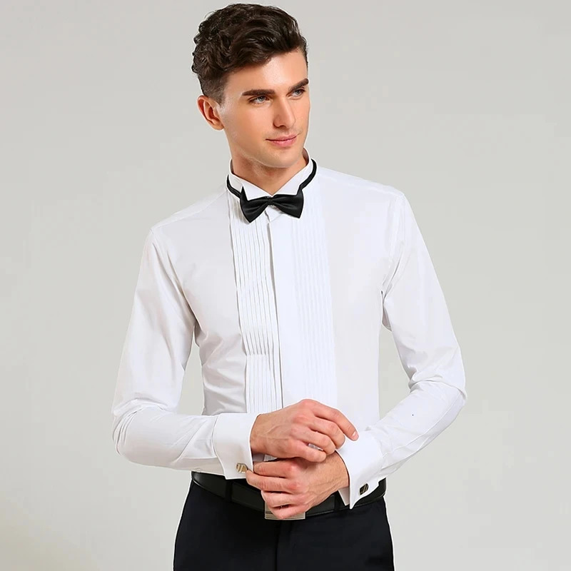 Classic Winged Collar White Dress Shirt For Mens Wingtip Tuxedo Formal Shirts Black Bow Tie Party Dinner Wedding Bridegroom Tops 240601Z