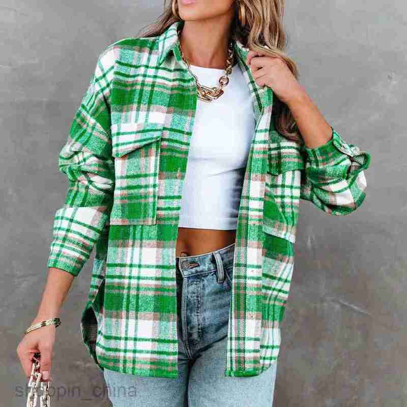 Women Jackets Coats New Checkered Casual Loose Pocket Long sleeved Coat PG2718