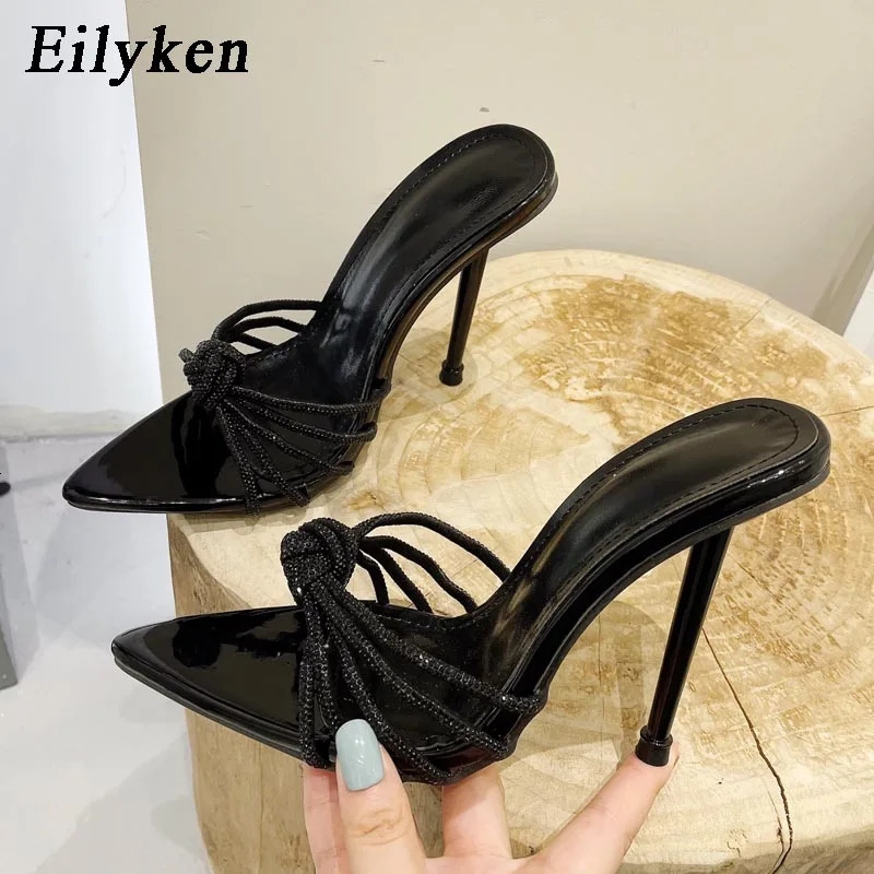 Eilyken Sexy High Heels Slipper For Women Summer Fashion CRYSTAL Narrow Band Pointed Toe Slides Stripper Party Sandal Mule Shoes 240615