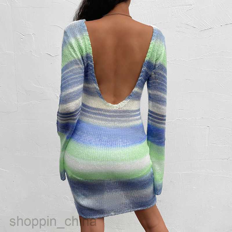 Basic Casual Women Dresses New women's sexy backless trumpet Sleeve Striped Sweater Dress autumn