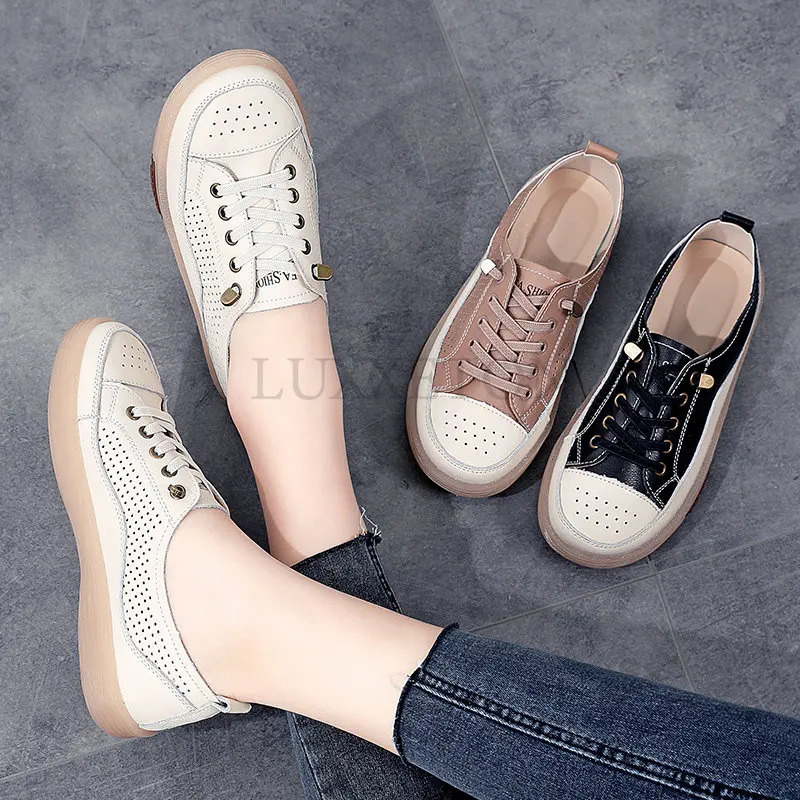 Women Flat Shoes Summer Breathable Cutout Casual Shoes Ladies Soft Bottom Genuine Leather Flats White Shoes Woman 240619