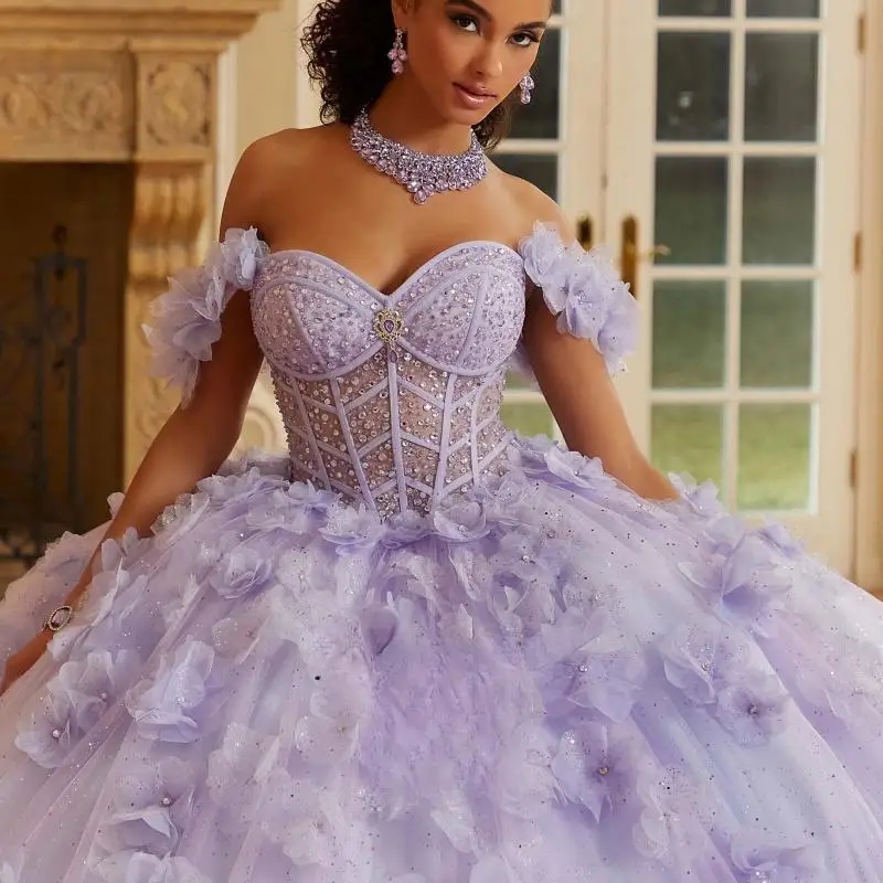 Lilac Shiny Princess Ball Gowns Quinceanera Dress Sweetheart Off the Shoulder Flower Beads Crystal Tull Sweet 16 Vestidos De 15 Anos