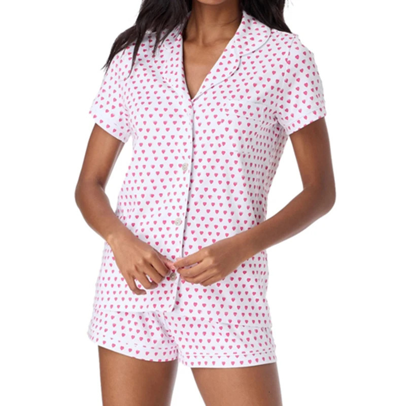 Women 2 Piece Pajama Set Heart Print Short Sleeve Button Up Blouse Tshirt Top Shorts Sleepwear Loungewear for Valentines Day 240601
