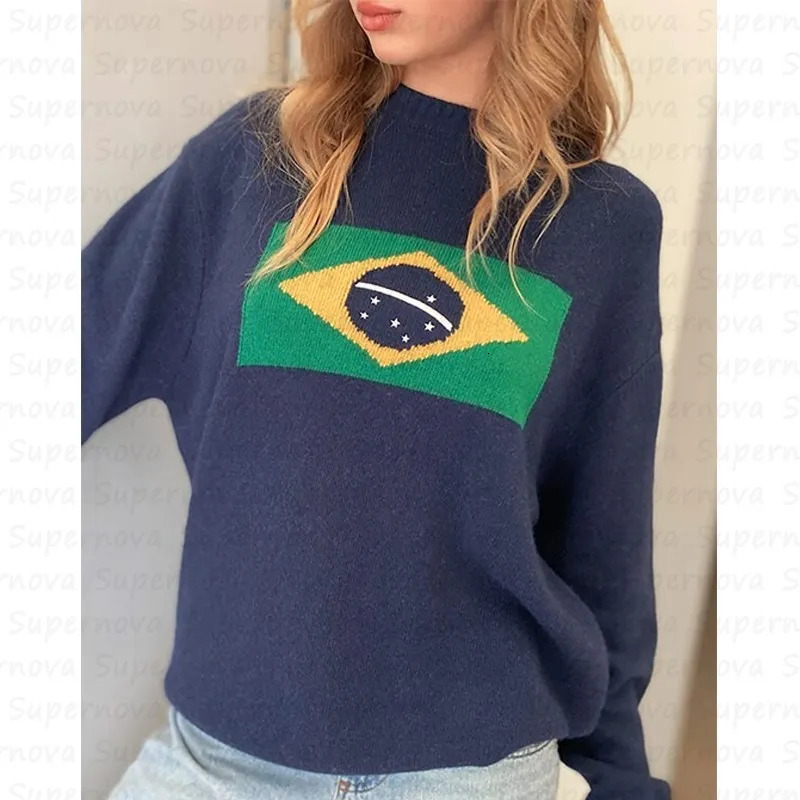 fashionable womens sweater top 90s retro Brazilian sports aesthetics Harajuku sweater oversized Y2K sweater clothing 240604