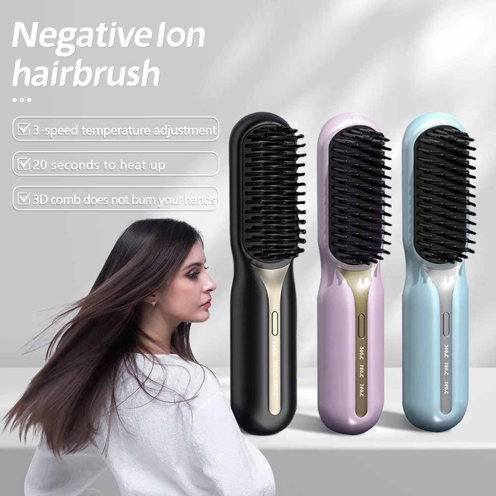 Portable Cordless Hair Straightener Brush USB Rechargeable Hot Comb High Quality Negative Ion Wireless Hair Straight Comb