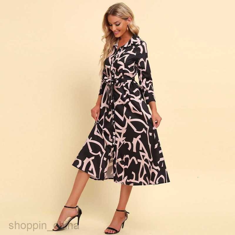 Basic Casual Women Dresses Spring and Autumn New Polo Collar Print Waist Wrap for Slimming Leisure Fashion Dress for Women PG1600