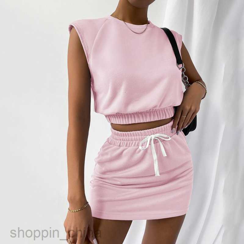 Two Piece Dress Sets New Skirt Set Casual Fashion Round Neck Short Sleeve Top Drawstring Half Skirt Set