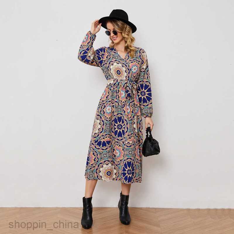 Basic Casual Women Dresses New Abstract Holiday Print Tie Waist Long sleeved Dress JR2500