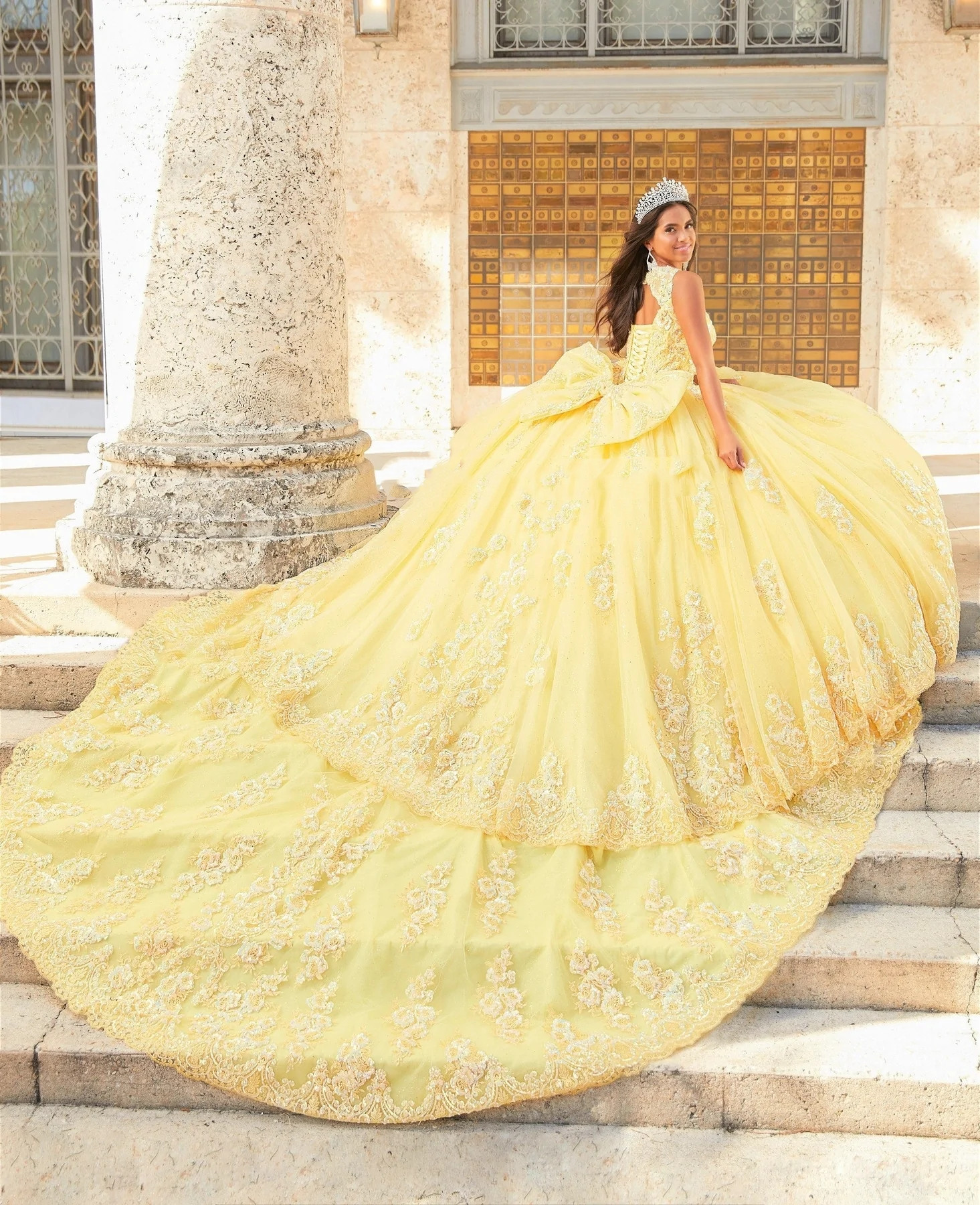 Yellow Mexican Quinceanera Dresses Ball Gown Sheer Sparkly Tulle Appliques Puffy Charro Sweet 16 Dresses 15 Anos