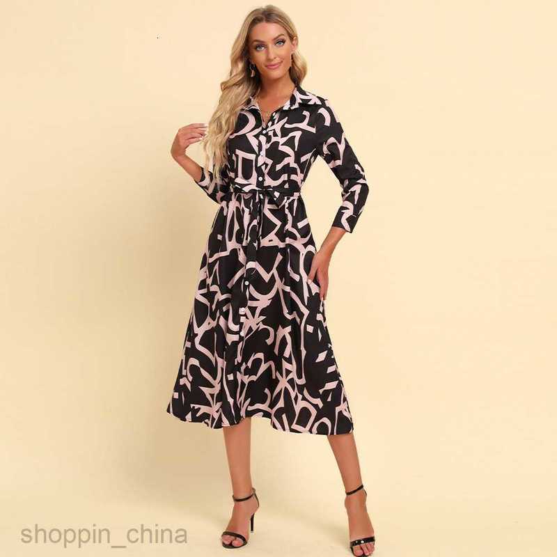 Basic Casual Women Dresses Spring and Autumn New Polo Collar Print Waist Wrap for Slimming Leisure Fashion Dress for Women PG1600