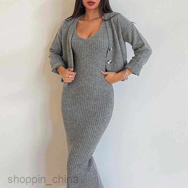 Basic Casual Women Dresses New Women's Fashion Sexy Sling Dress Two Piece Set Temperament Wrap Hip Long Dress Long sleeved Coat Set