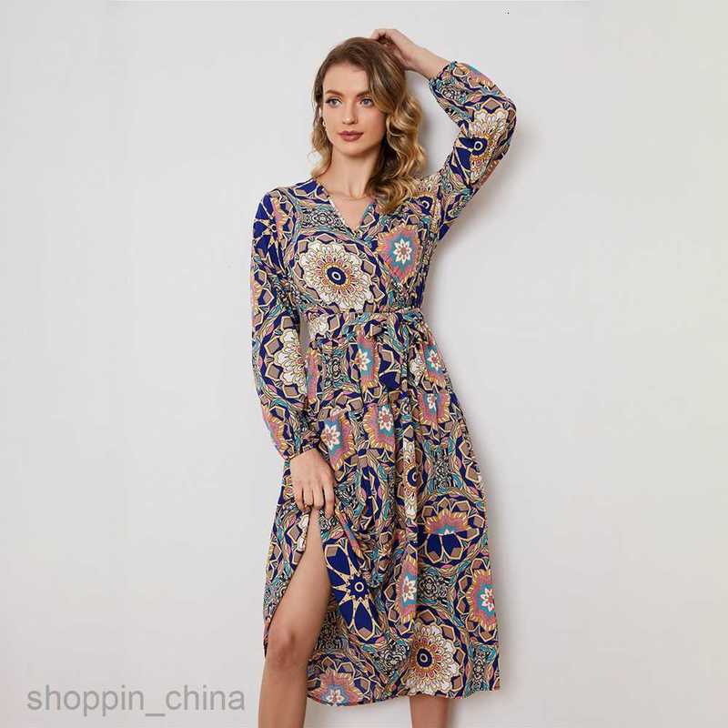 Basic Casual Women Dresses New Abstract Holiday Print Tie Waist Long sleeved Dress JR2500