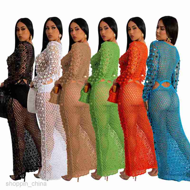 Basic Casual Women Dresses New Women's Handmade Knitted Casual Hollow out Sequins Beach Long Dress