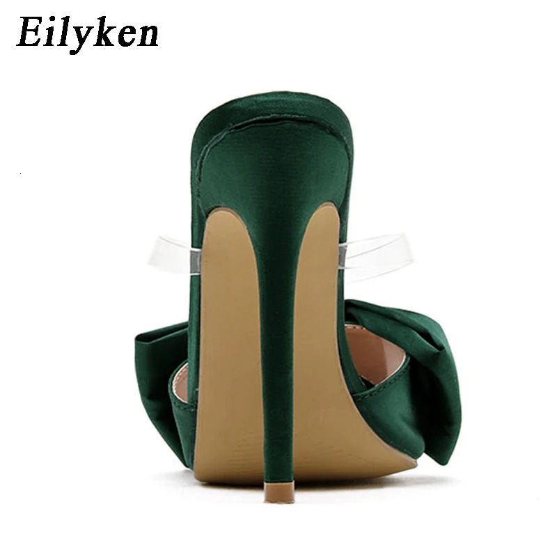 Eilyken Silk Butterfly-knot Slippers Mule High Heels Women Sandals Flip Flops Pointed toe Strappy Slides Party Shoes 240615