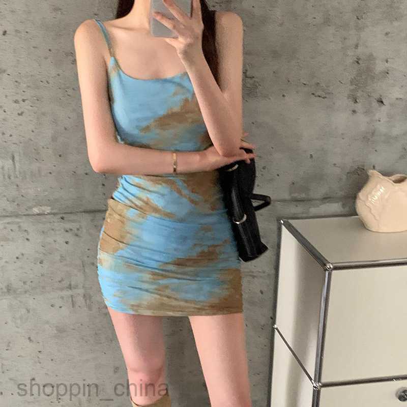 Basic Casual Women Dresses Summer Tie Dye Printed Sexy Folded Sling Sleeveless Dress PG3086