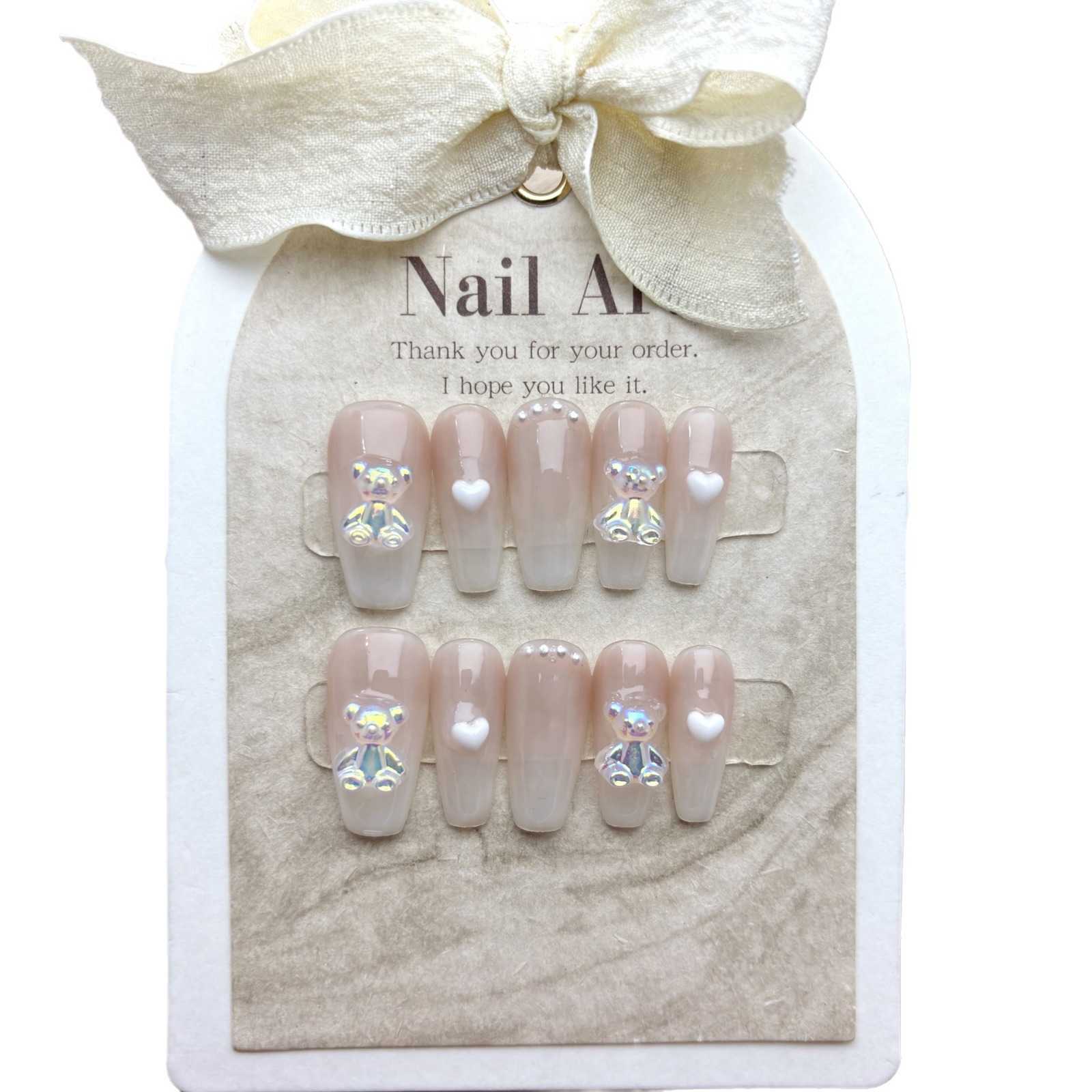 Girls False Nails Aurora Bear Wearable Phototherapy Nail Beauty Popular the Gradual Long Handmade Wearable Nail Shop Finished Product 240530