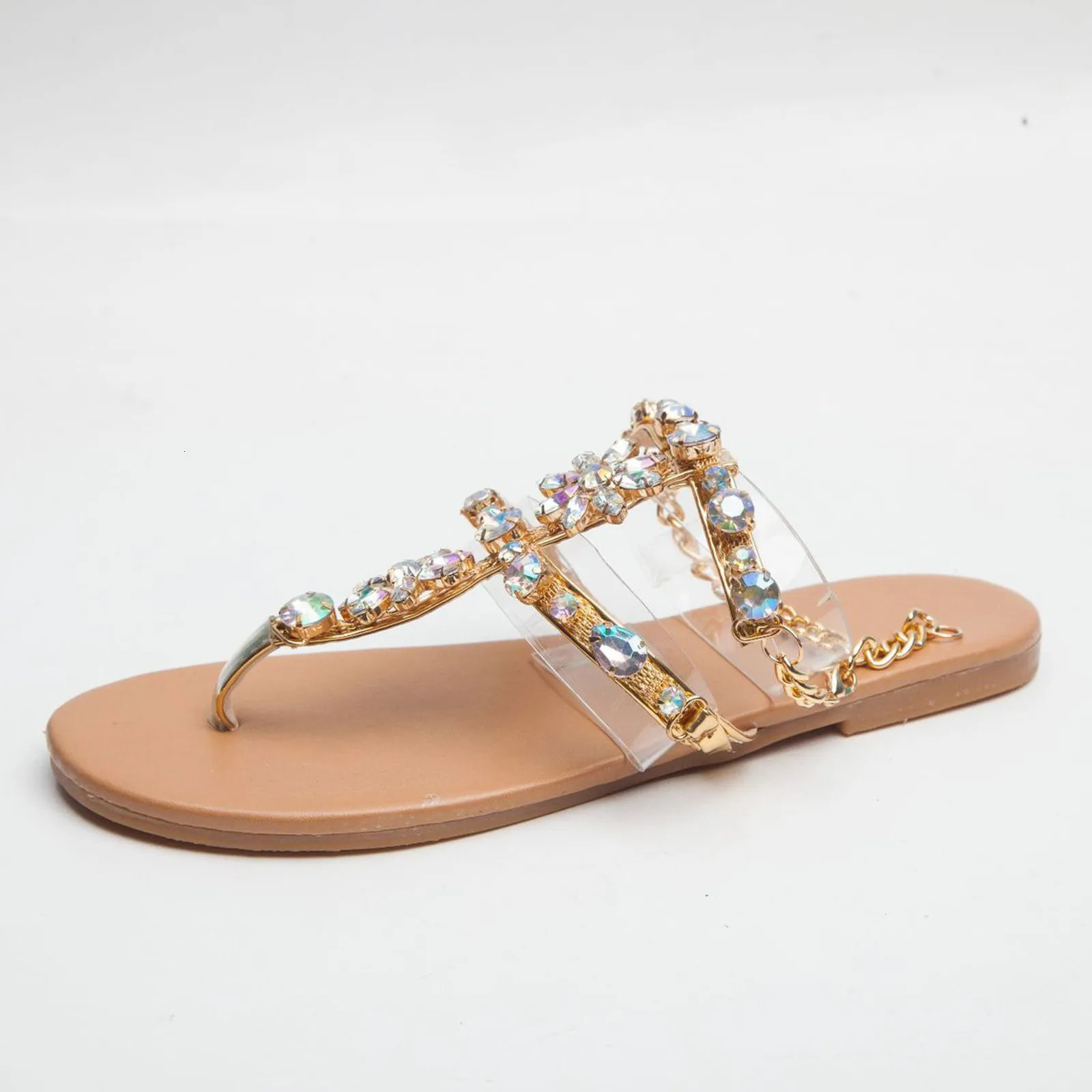 Womens Rhinestone Sandals Summer Beach Slippers Womens Clip Toe Chain Sandals Sparkling Crystal Casual Flat Shoes 240615