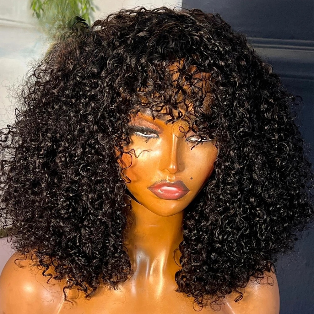 180 Density Brazilian Short Kinky Curly Wigs with Bangs for Black Women Simulation Human Hair Wig Glueless Jerry Curly Synthetic Lace Front Wig