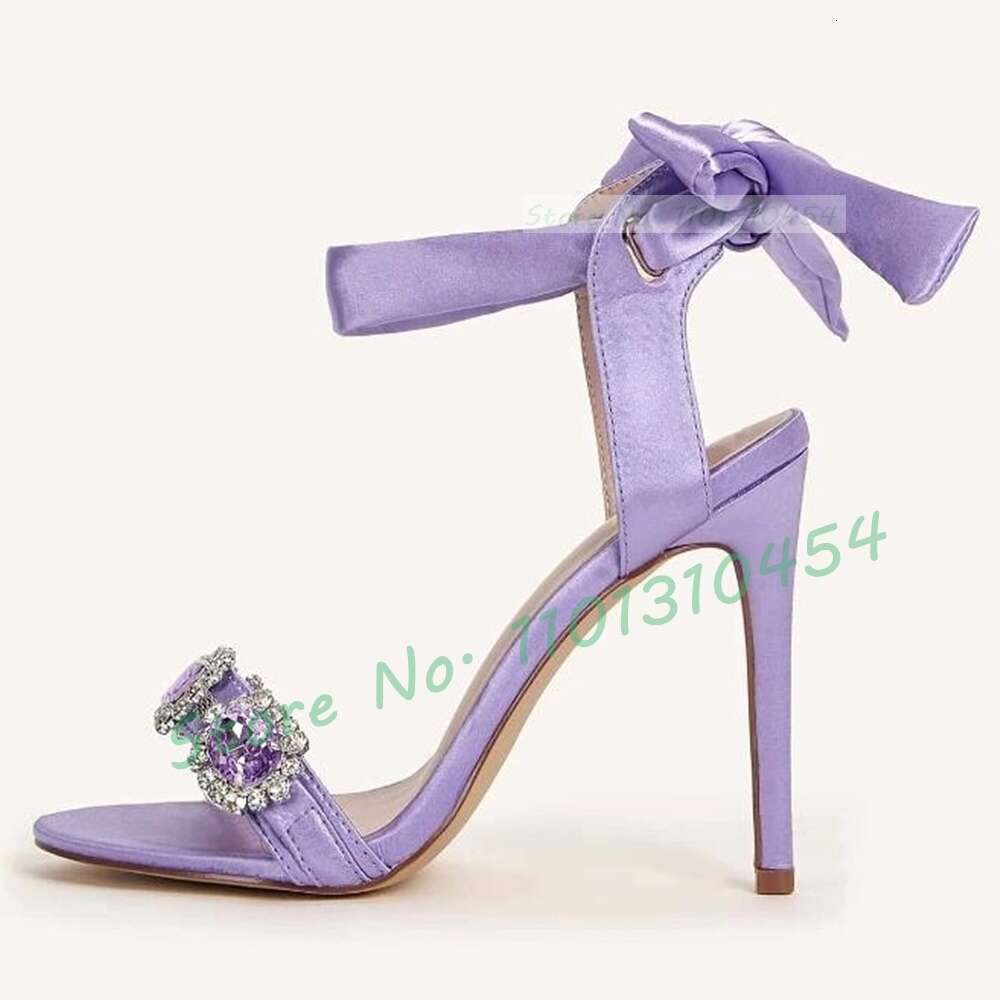 Light Purple Ribbon Sandals Women Elegant Gem-Encrusted High Heels Female Open Toe Silk Lace-Up Sparkly Party Shoes
