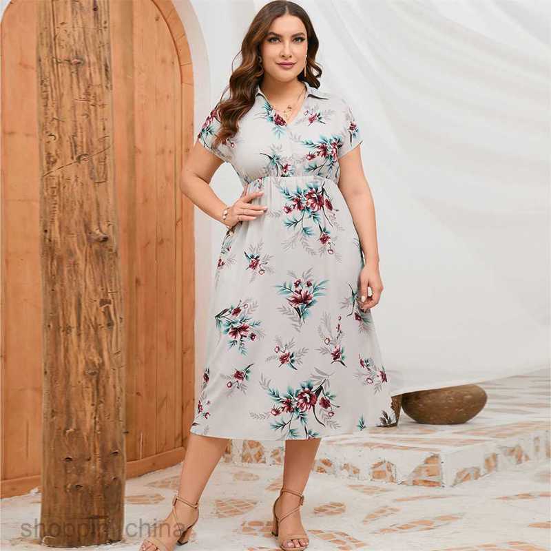 Basic Casual Women Dresses Large size women's summer new shirt collar short sleeved side slit dress JR5051