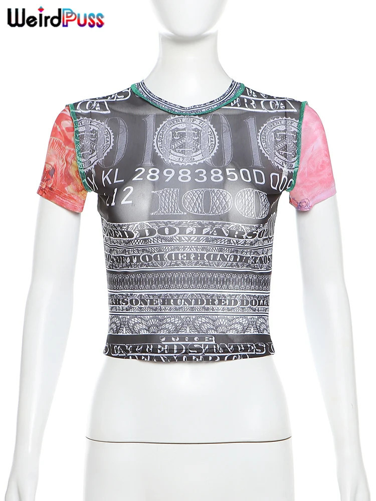 Weird Puss See Through Crop Tops Women Numeral Print Short Sleeve ONeck Sexy Club Patchwork Streetwear Skinny Girls Tees 240601