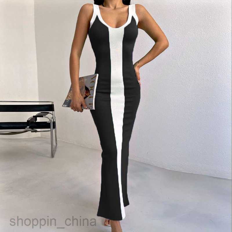 Basic Casual Women Dresses spring summer sexy contrast color knitted medium length tight suspender split color matching dress