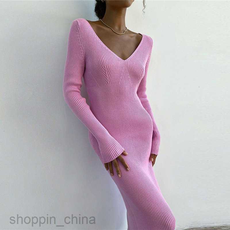 Basic Casual Women Dresses Women's clothing autumn new sexy long sleeve long slit strap open back sweater dress