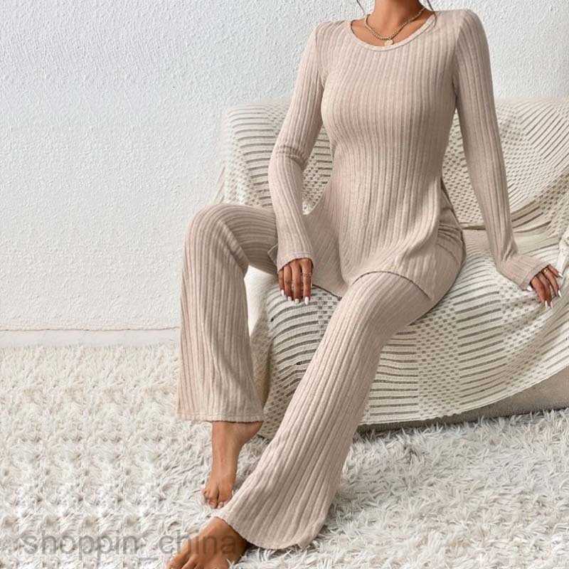 Women's Tracksuits Knitted Pit Stripe Two Piece Set Top Flare Pants Split Hem Tee&Flare Leg Pants Sets