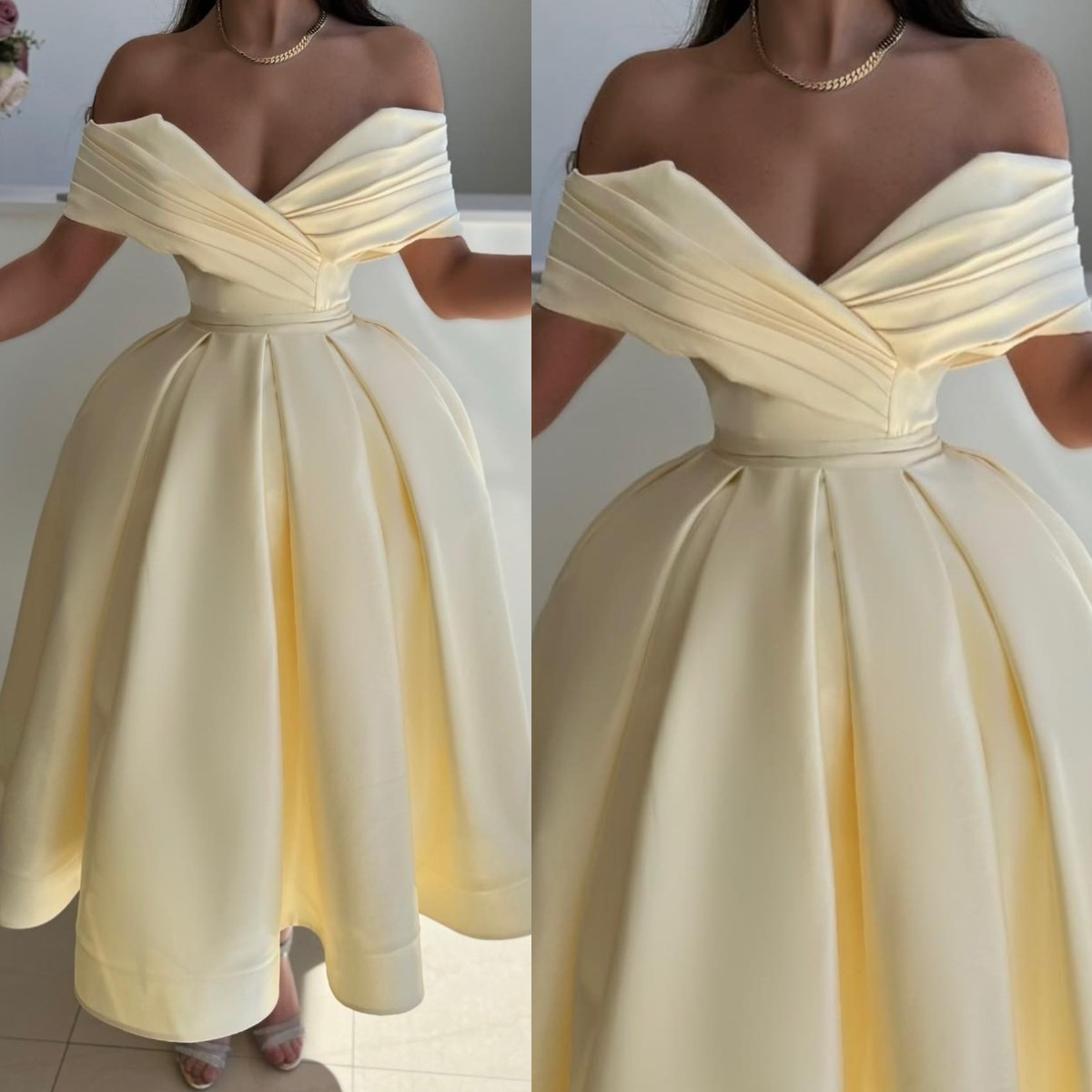 Light Yellow A E Prom Dress Off Shoulder Ruffle Evening Vestidos De Gala Pleats Formal Long Dresses For Special Ocns 6660305