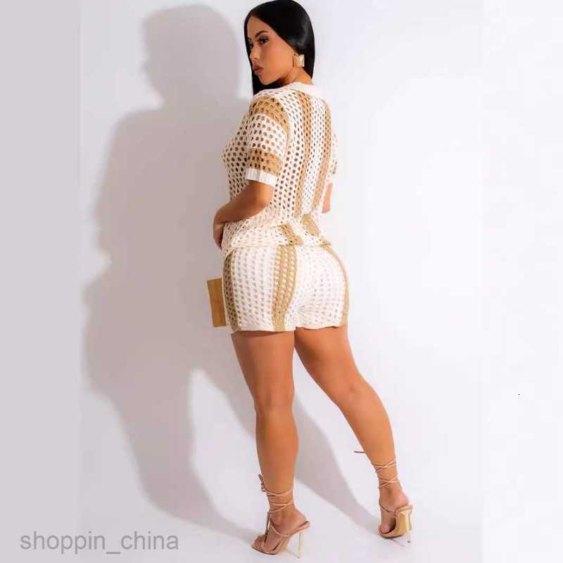 Women's Two Piece Sets Pants Summer Women's Sexy Women's Hollow Perspective Flip Collar Knitted Shorts Set