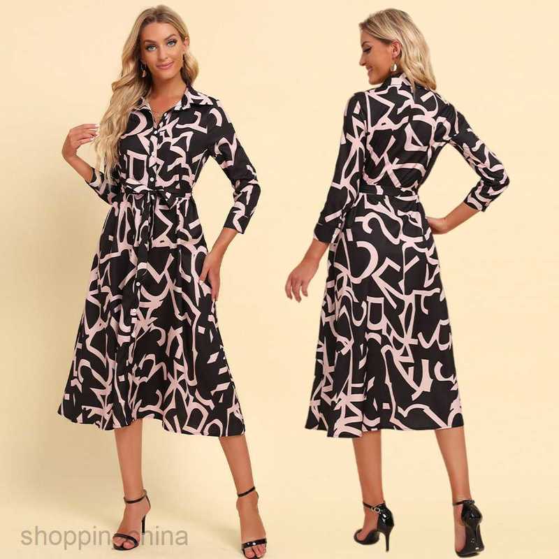 Basic Casual Women Dresses Spring and Autumn New Polo Collar Print Waist Wrap for Slimming Leisure Fashion Dress for Women PG1600