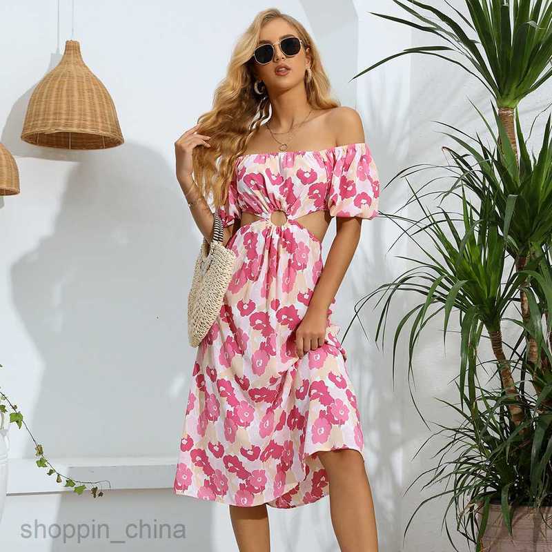 Basic Casual Women Dresses Summer Square Neck One Shoulder Printed Women's Wear waist Sexy temperament Slim Short sleeved Dress 60055