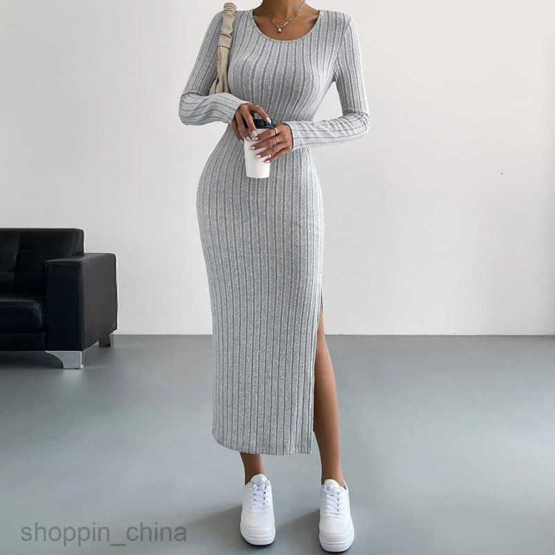Basic Casual Women Dresses New Long sleeved Round Neck Split Knitted Long Dress PG2469