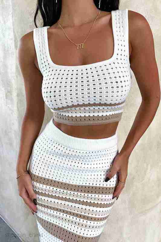 Two Piece Dress Sets Women's Summer New Sleeveless Tank Top Sexy Split Stripe Skirt Knitted Set