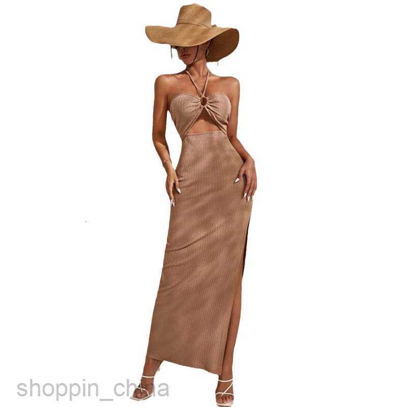 Basic Casual Women Dresses Cut Out Front Halter Neck Backless Slit Thigh Dress