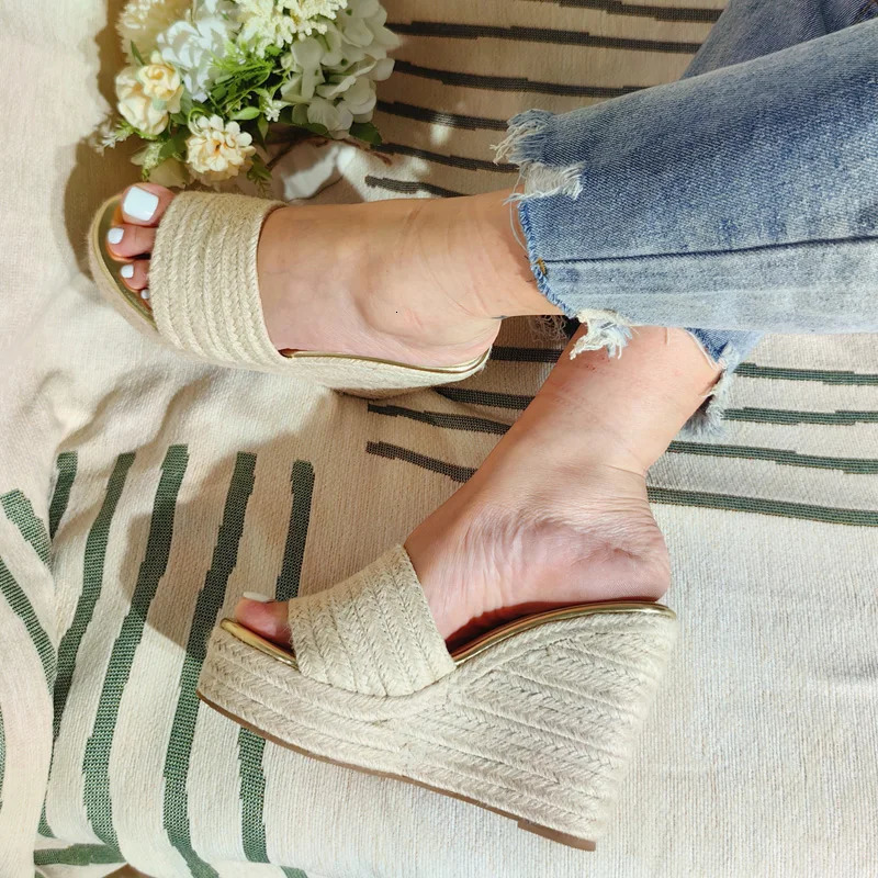 Eilyken Fashion Open Toe Platform Womens Slippers Straw Rope Weaving Thick Bottom Wedges High Heels Sandals Slides Shoes 240615