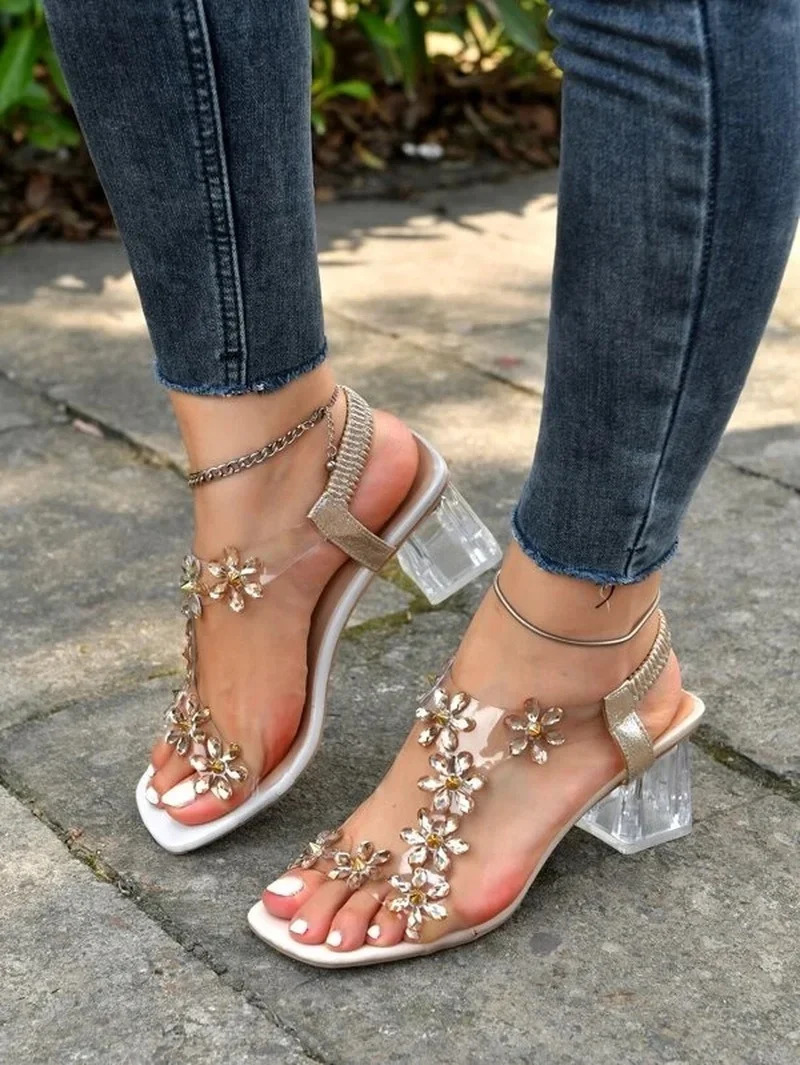 Summer Womens Sandals Fashion Womens Sparkling Flowers Rhinestone Transparent Root Open Toe Sandals Womens Shoes 240615