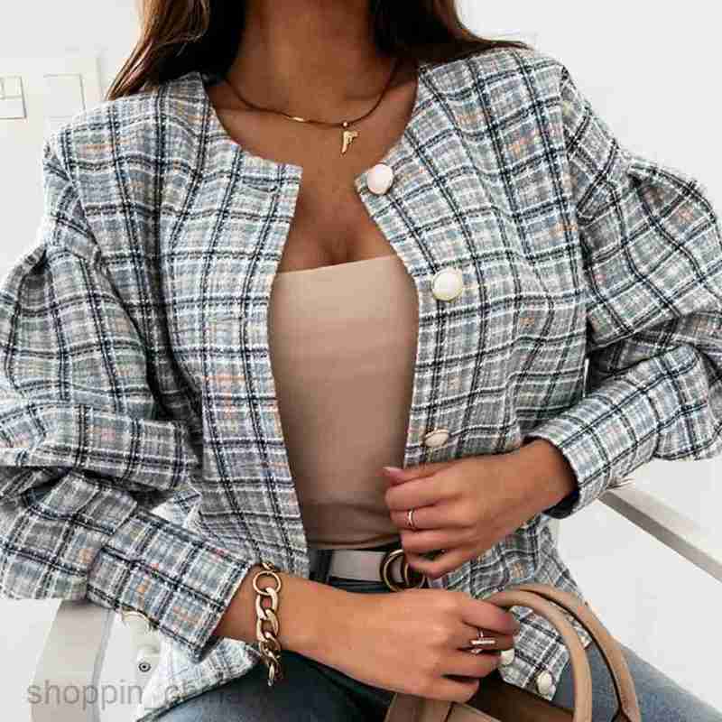 Women Jackets Coats New Spring and Autumn checkered long sleeved short jacket for women PG0603