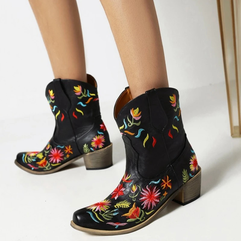 REVE CAT Womens Ankle Boots Cowboy Corner Toe Square Thick Heel Leather Pull Plus Size 35-48 Black and White Casual Autumn 382 240615
