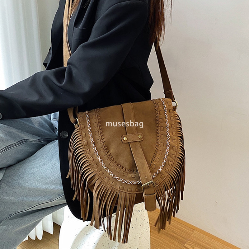 New high-end soft leather large capacity handmade suede tassel bag for women's saddle bag large capacity single shoulder crossbody bag