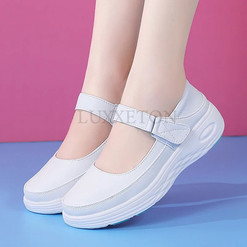 Genuine leather air cushion nurse shoes womens spring soft soles breathable thick soles womens shoes white shoes 240614