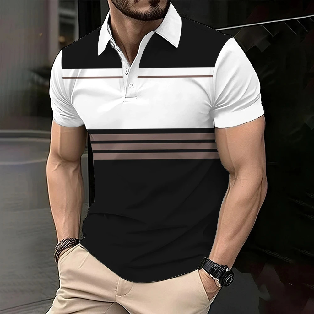 Summer Men Polo Shirt Plaid Printed Business Casual Simple Lapel Button Shirts Oversized Short Sleeve Outfits Fashion Tops 240601