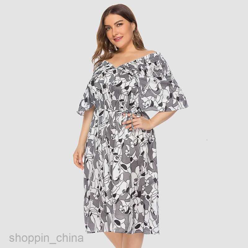 Basic Casual Women Dresses Short sleeved chubby MM printed V-neck, waistband tied, shoulder two piece short sleeved dress JR2210