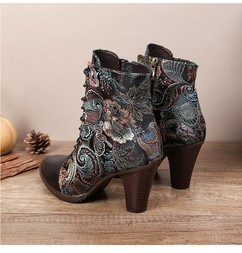 Johnnature Ankle Boots Womens Shoes Leather 2024 Ethnic Style Pointed Toe Handmade Fashion High Heels Modern Boots 240614